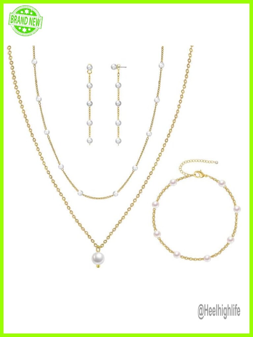 14K Gold Brass Pearl Jewelry Set Layered Choker Necklace Earrings Bracelet